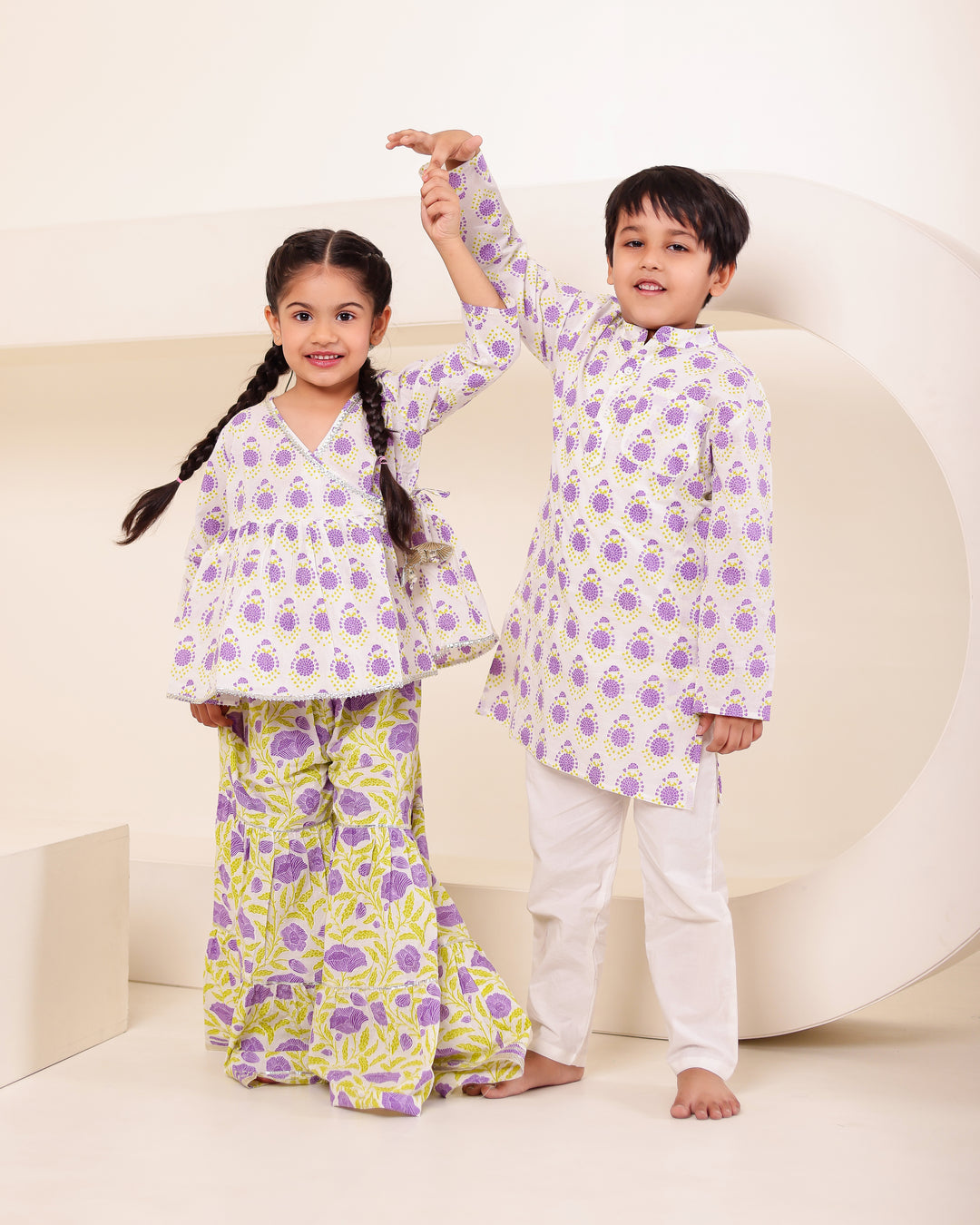 Girls Lilac Floral Angrakha Sharara Set (Set of 2)