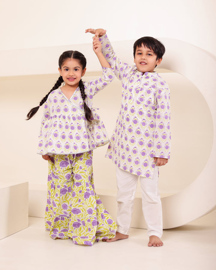 Girls Lilac Floral Angrakha Sharara Set (Set of 2)