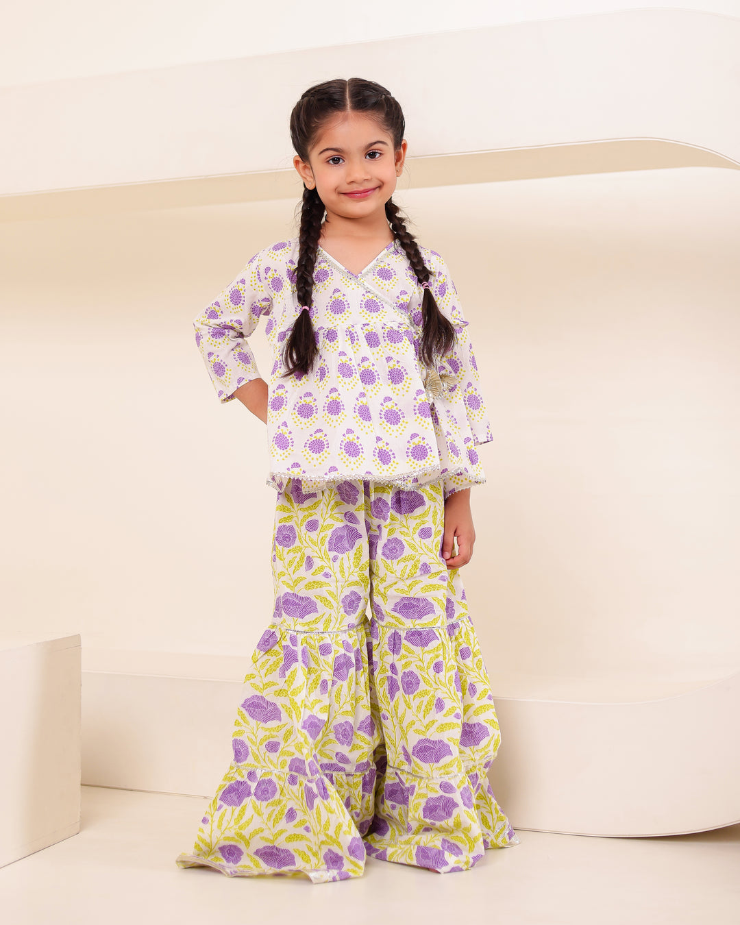Girls Lilac Floral Angrakha Sharara Set (Set of 2)