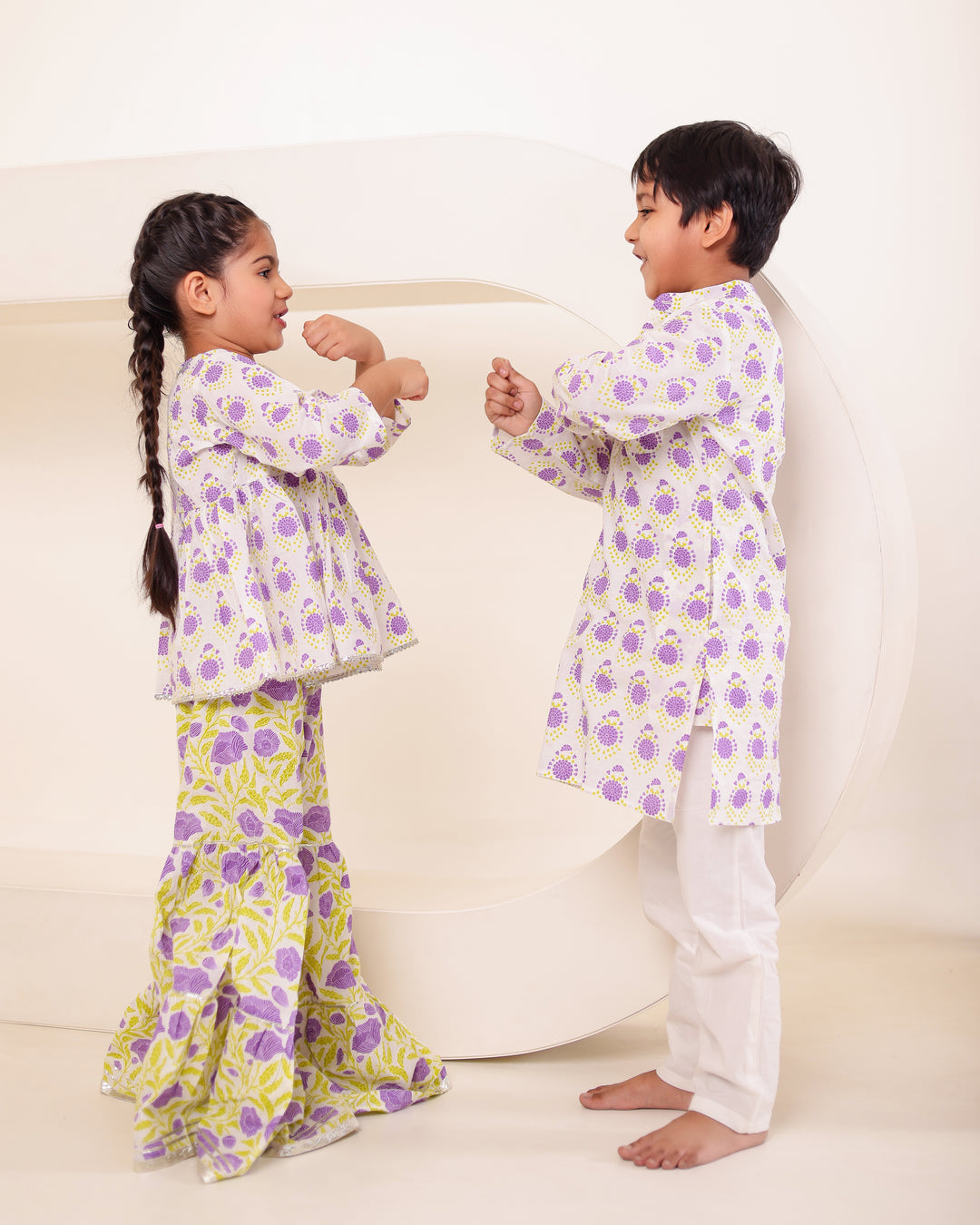 Girls Lilac Floral Angrakha Sharara Set (Set of 2) +Boys Lilac Block-Print Kurta Pyjama Set (Set of 2)