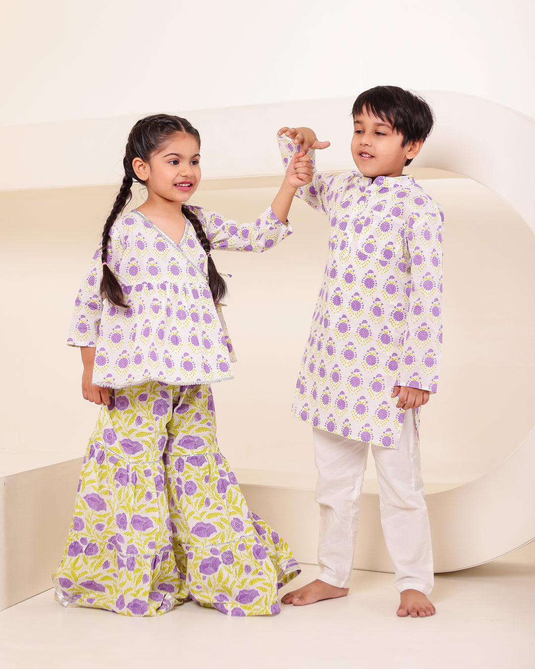 Girls Lilac Floral Angrakha Sharara Set (Set of 2) +Boys Lilac Block-Print Kurta Pyjama Set (Set of 2)