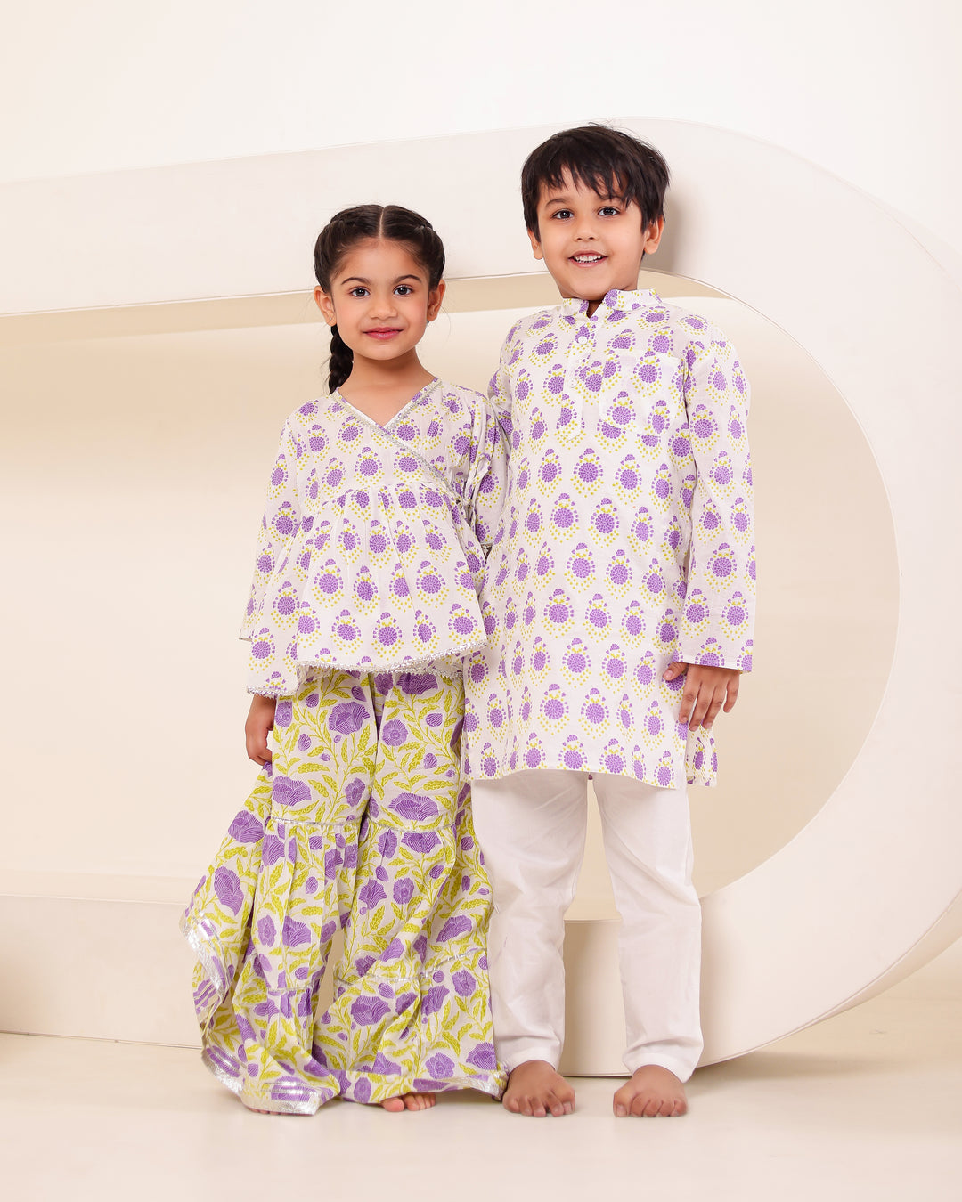 Girls Lilac Floral Angrakha Sharara Set (Set of 2) +Boys Lilac Block-Print Kurta Pyjama Set (Set of 2)