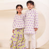 Girls Lilac Floral Angrakha Sharara Set (Set of 2) +Boys Lilac Block-Print Kurta Pyjama Set (Set of 2)