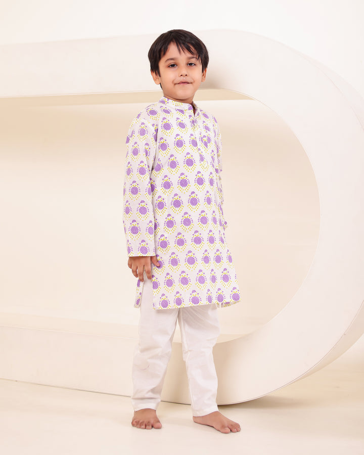Boys Lilac Block-Print Kurta Pyjama Set (Set of 2)