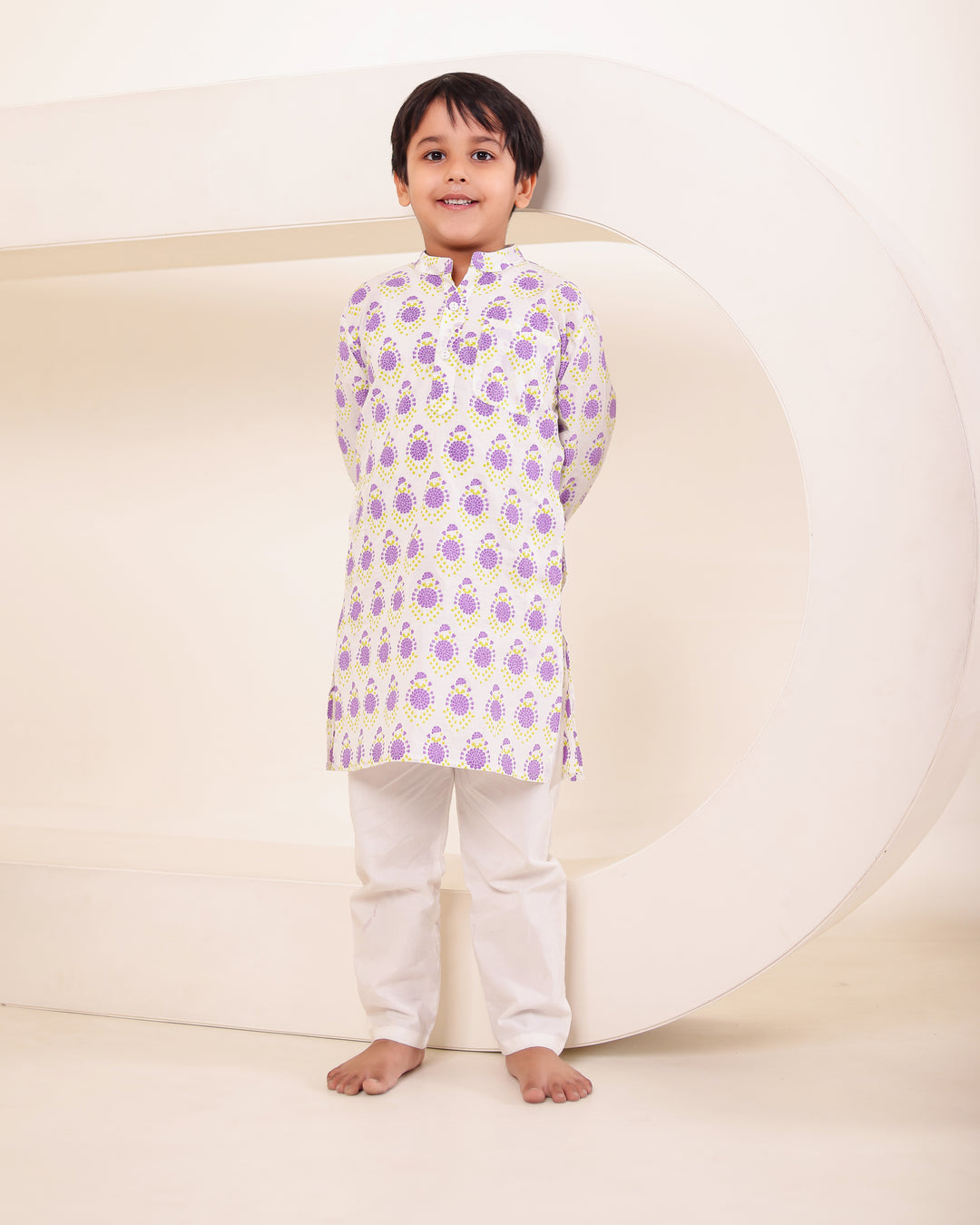 Boys Lilac Block-Print Kurta Pyjama Set (Set of 2)