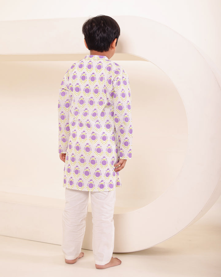 Boys Lilac Block-Print Kurta Pyjama Set (Set of 2)