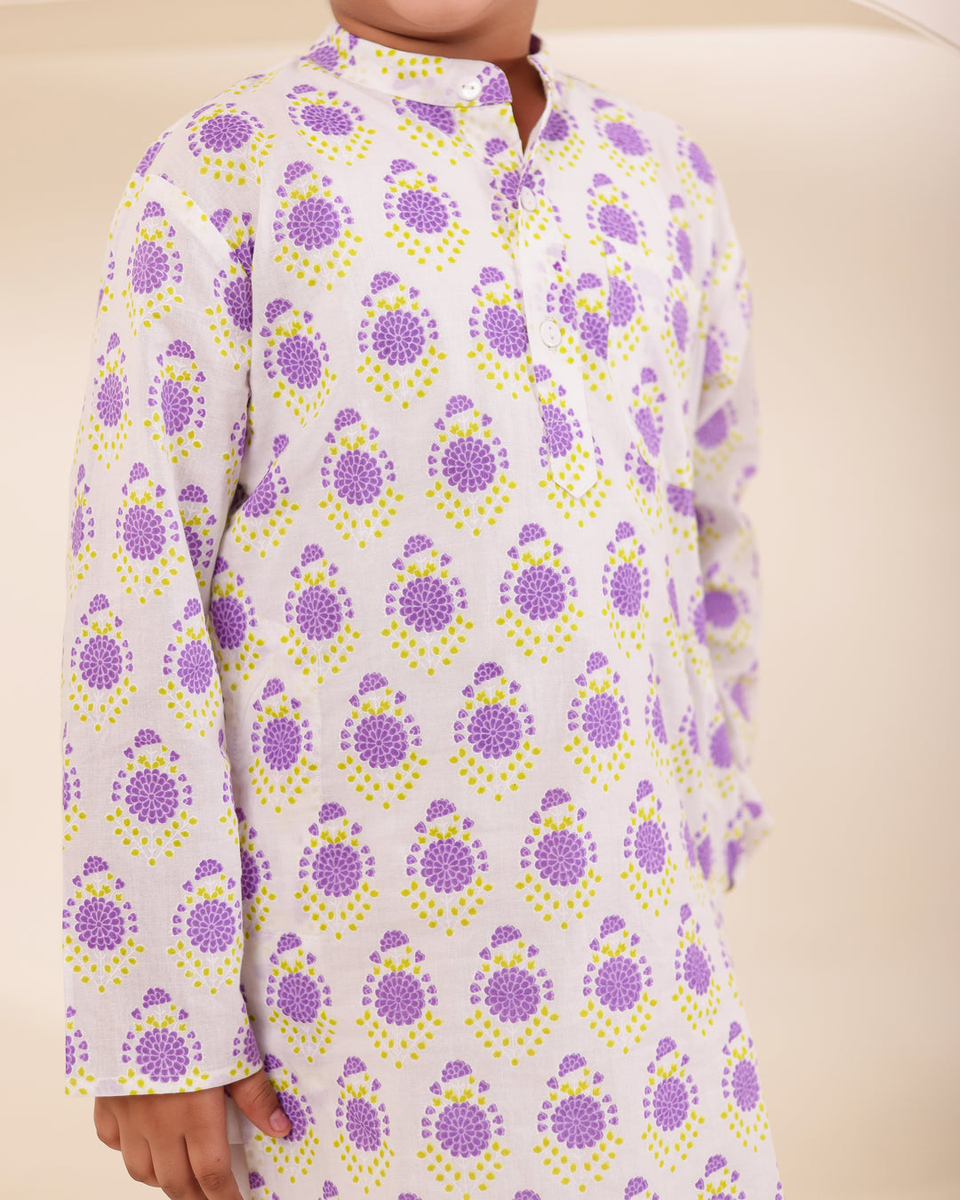 Boys Lilac Block-Print Kurta Pyjama Set (Set of 2)