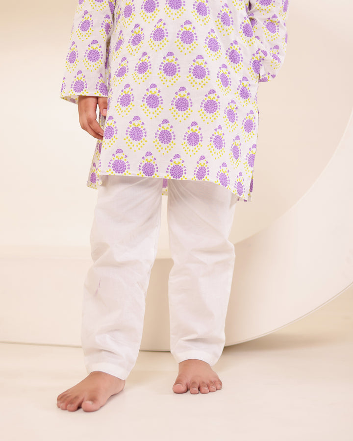 Boys Lilac Block-Print Kurta Pyjama Set (Set of 2)