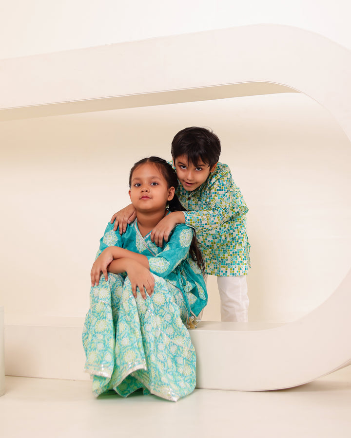 Girls Turquoise Print Angrakha Kurti Sharara Set (Set of 2)