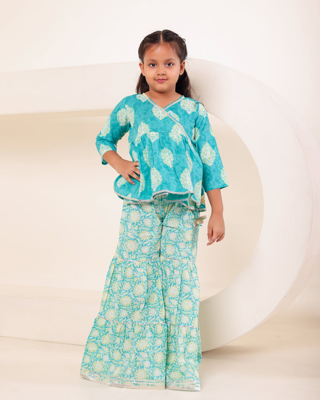 Girls Turquoise Print Angrakha Kurti Sharara Set (Set of 2)