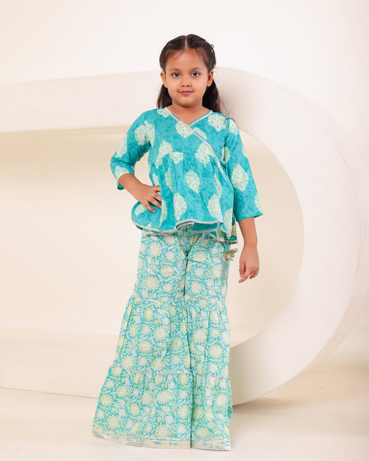 Girls Turquoise Print Angrakha Kurti Sharara Set (Set of 2)