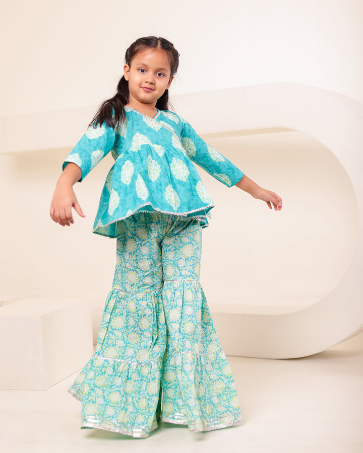 Girls Turquoise Print Angrakha Kurti Sharara Set (Set of 2)