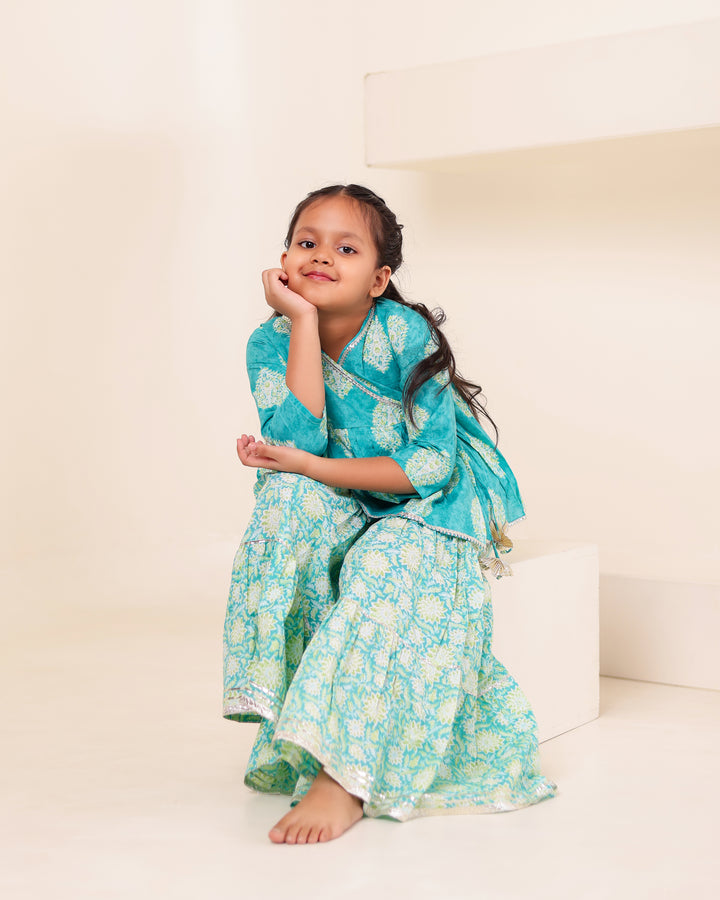 Girls Turquoise Print Angrakha Kurti Sharara Set (Set of 2)