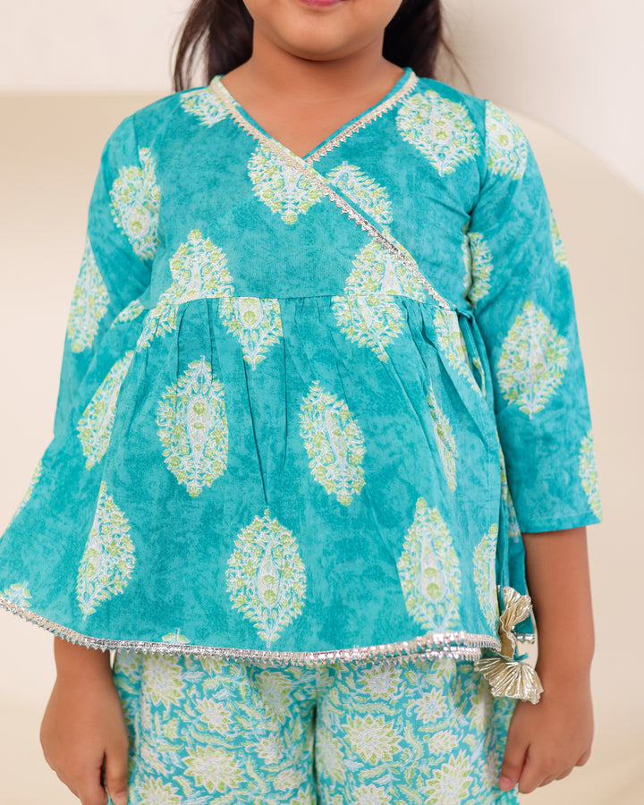 Girls Turquoise Print Angrakha Kurti Sharara Set (Set of 2)