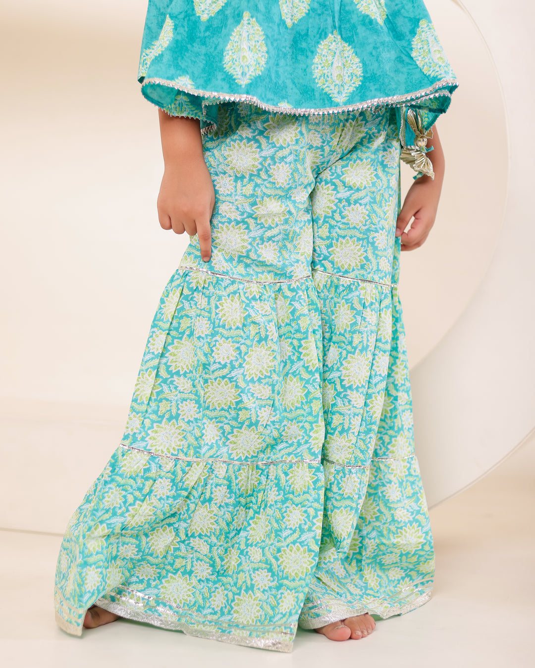 Girls Turquoise Print Angrakha Kurti Sharara Set (Set of 2)