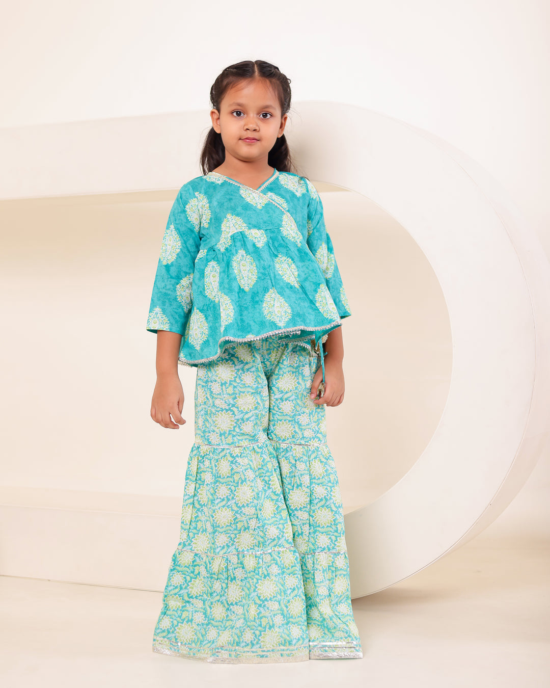Girls Turquoise Print Angrakha Kurti Sharara Set (Set of 2) + Boys Geometric Print Kurta Pyjama Set (Set of 2)