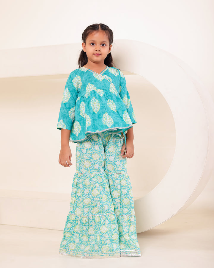 Girls Turquoise Print Angrakha Kurti Sharara Set (Set of 2) + Boys Geometric Print Kurta Pyjama Set (Set of 2)