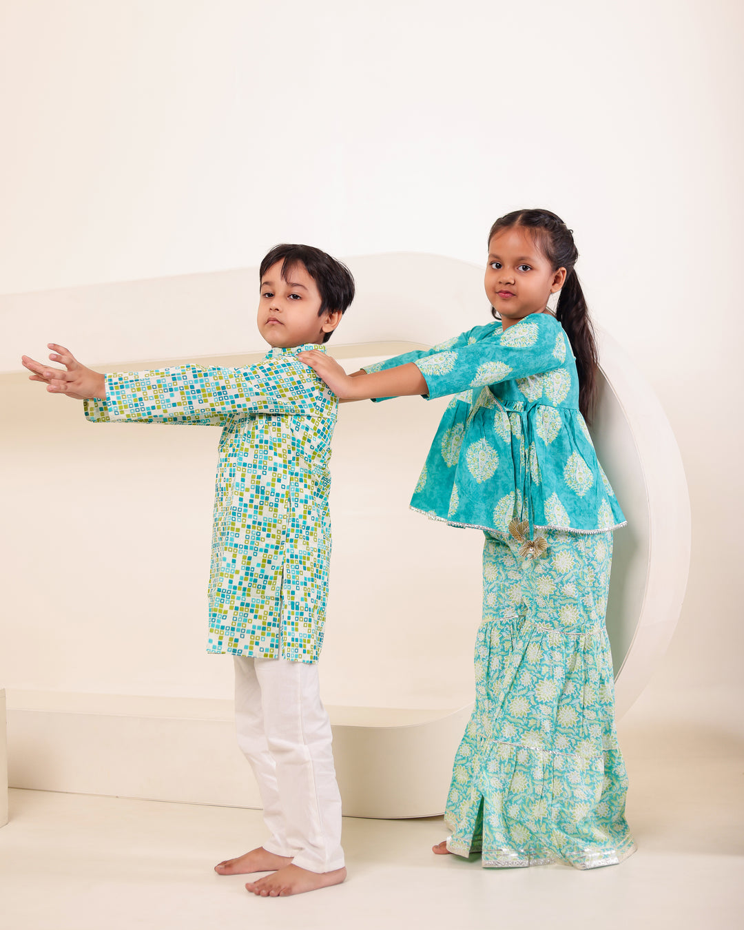 Girls Turquoise Print Angrakha Kurti Sharara Set (Set of 2) + Boys Geometric Print Kurta Pyjama Set (Set of 2)