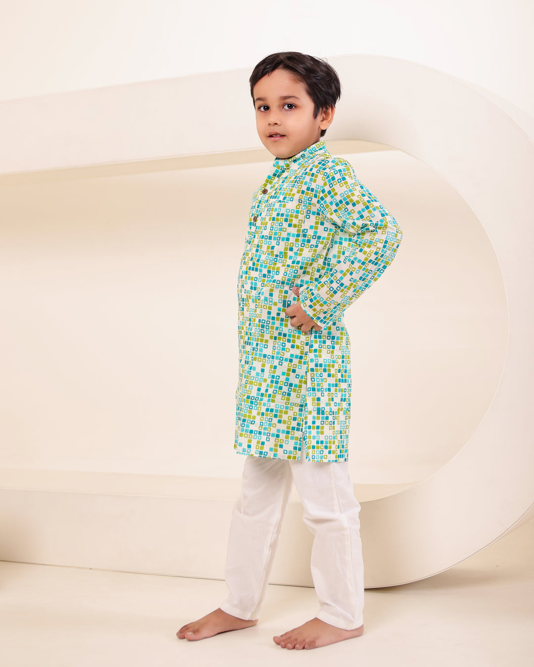Girls Turquoise Print Angrakha Kurti Sharara Set (Set of 2) + Boys Geometric Print Kurta Pyjama Set (Set of 2)