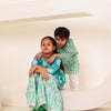 Girls Turquoise Print Angrakha Kurti Sharara Set (Set of 2) + Boys Geometric Print Kurta Pyjama Set (Set of 2)