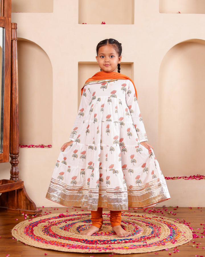 Festive Rust Lotus Anarkali Set (Set of 3)