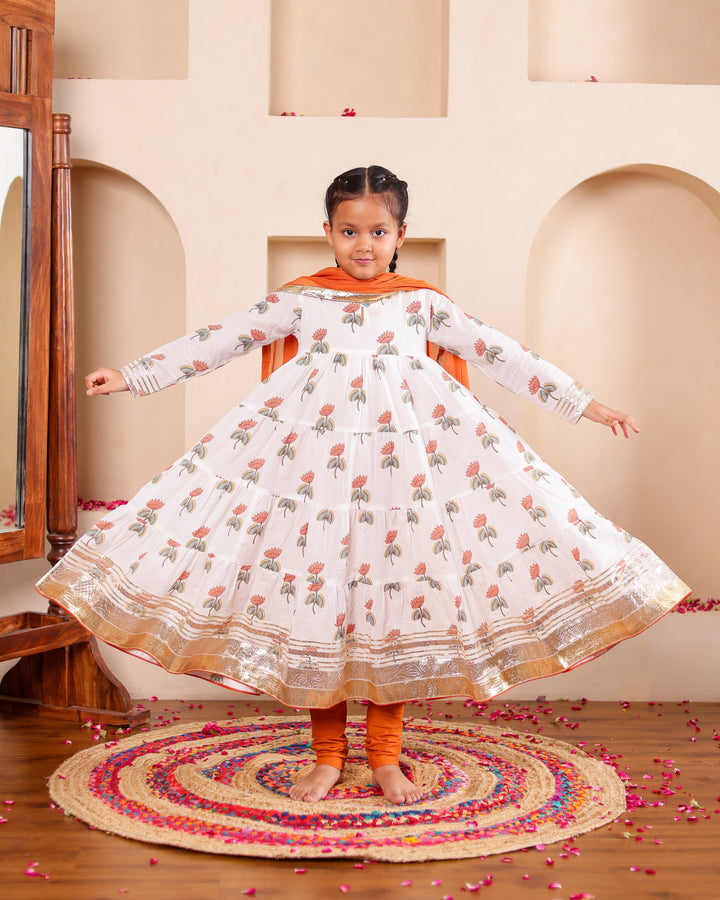Festive Rust Lotus Anarkali Set (Set of 3)