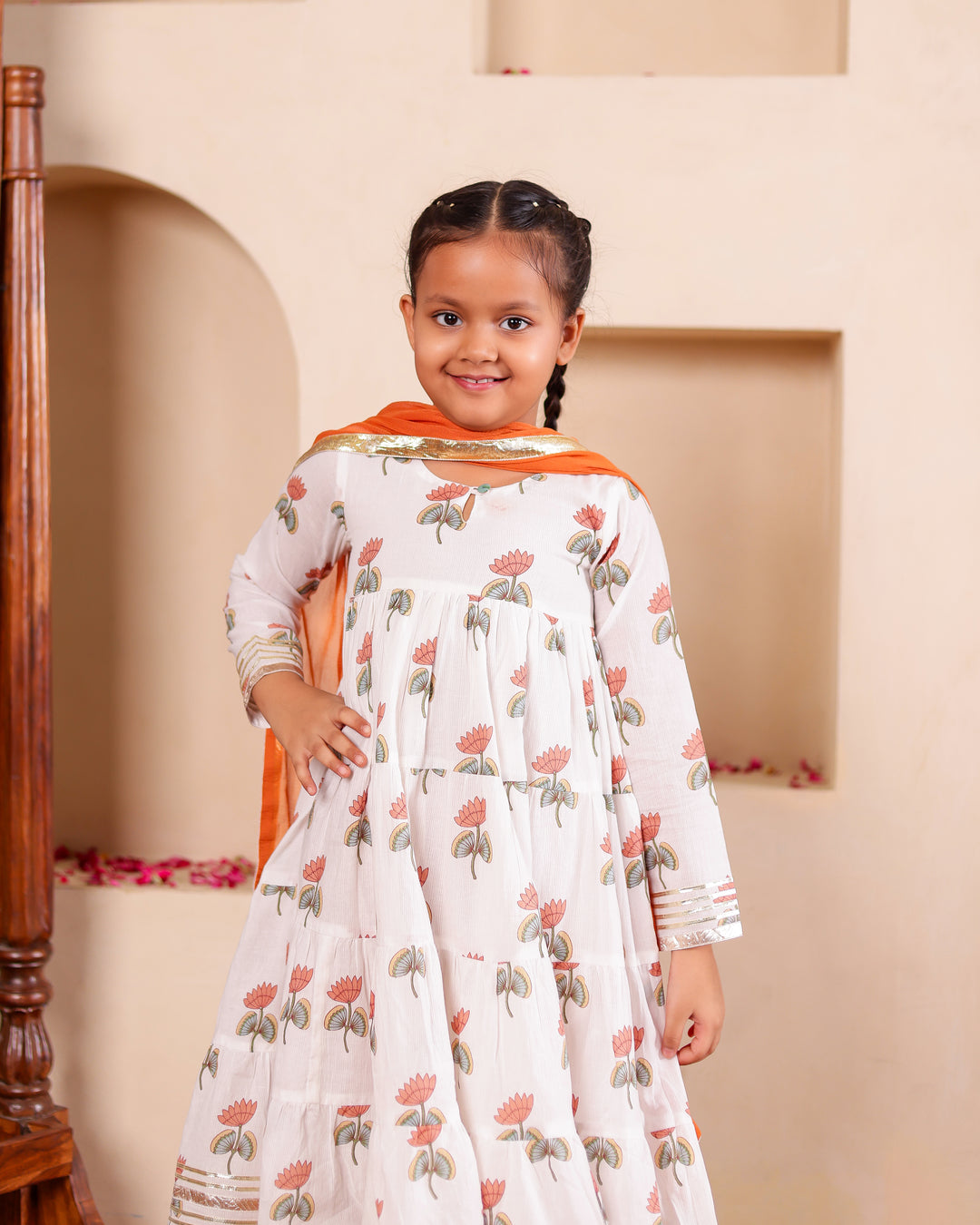 Festive Rust Lotus Anarkali Set (Set of 3)