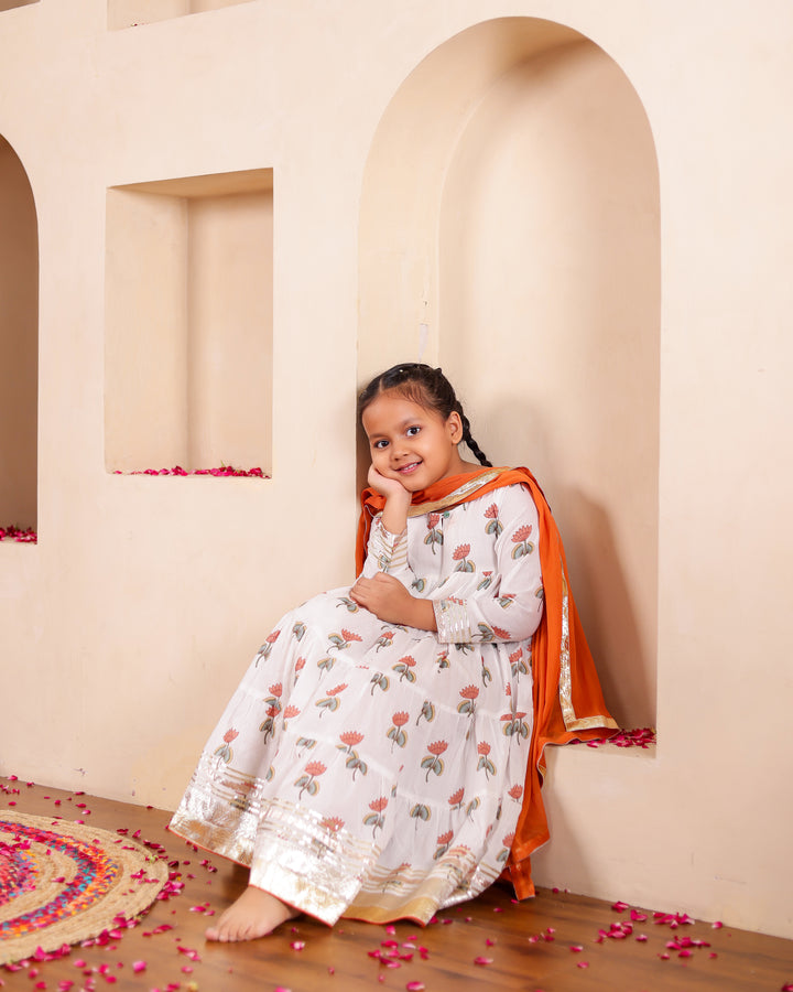 Festive Rust Lotus Anarkali Set (Set of 3)