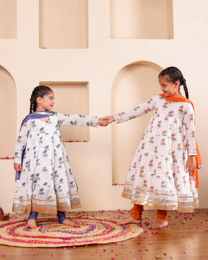Elegant Indigo Lotus Anarkali Set (Set of 3)