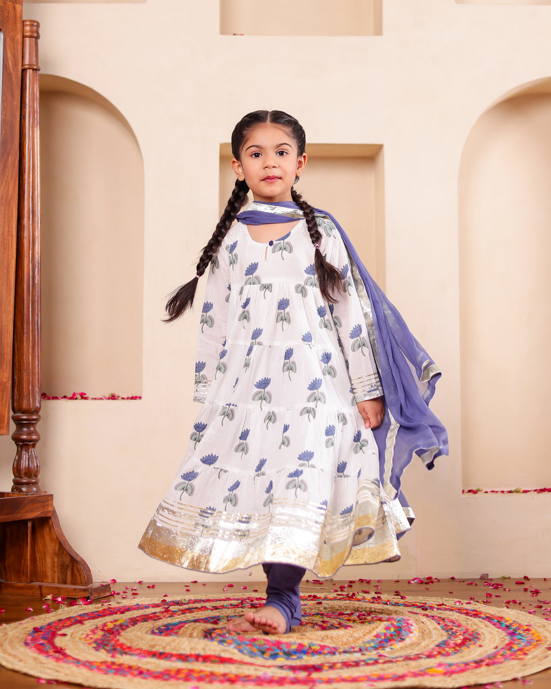 Elegant Indigo Lotus Anarkali Set (Set of 3)
