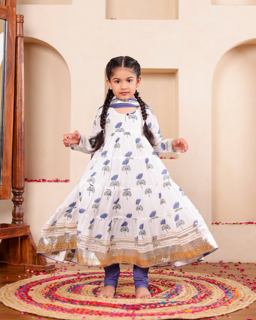 Elegant Indigo Lotus Anarkali Set (Set of 3)