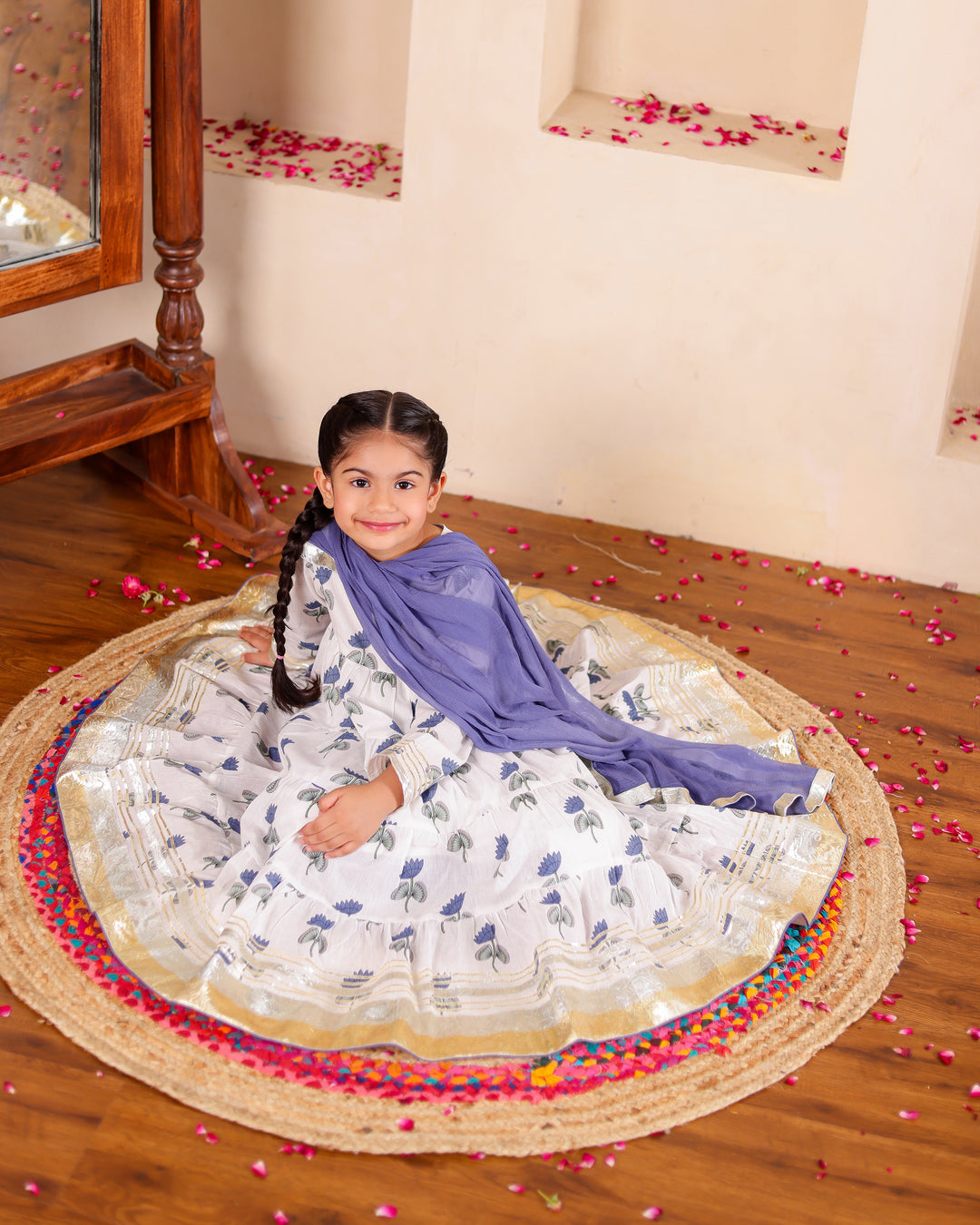 Elegant Indigo Lotus Anarkali Set (Set of 3)