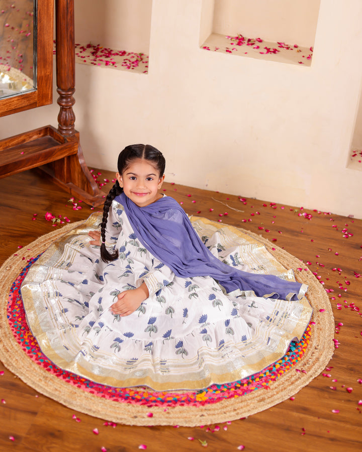 Elegant Indigo Lotus Anarkali Set (Set of 3)