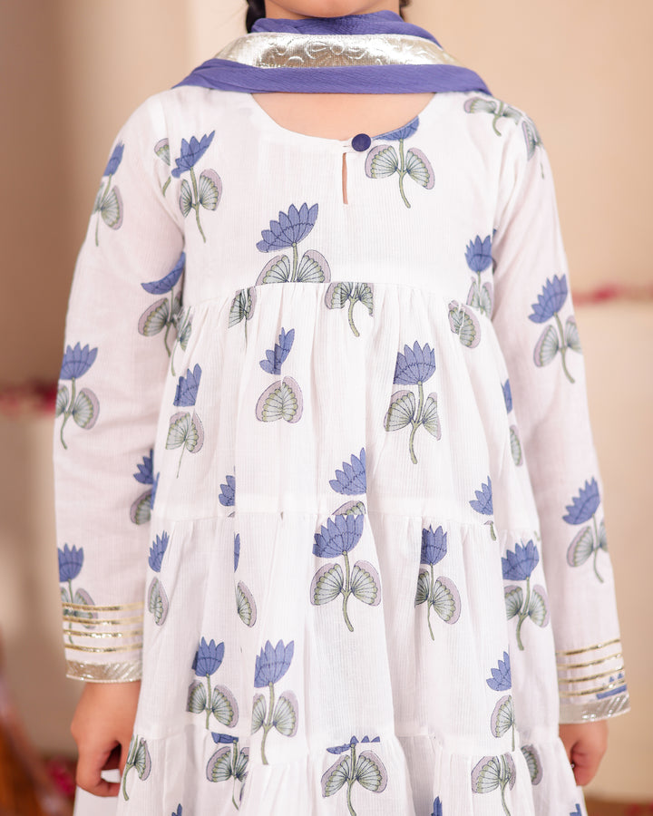 Elegant Indigo Lotus Anarkali Set (Set of 3)