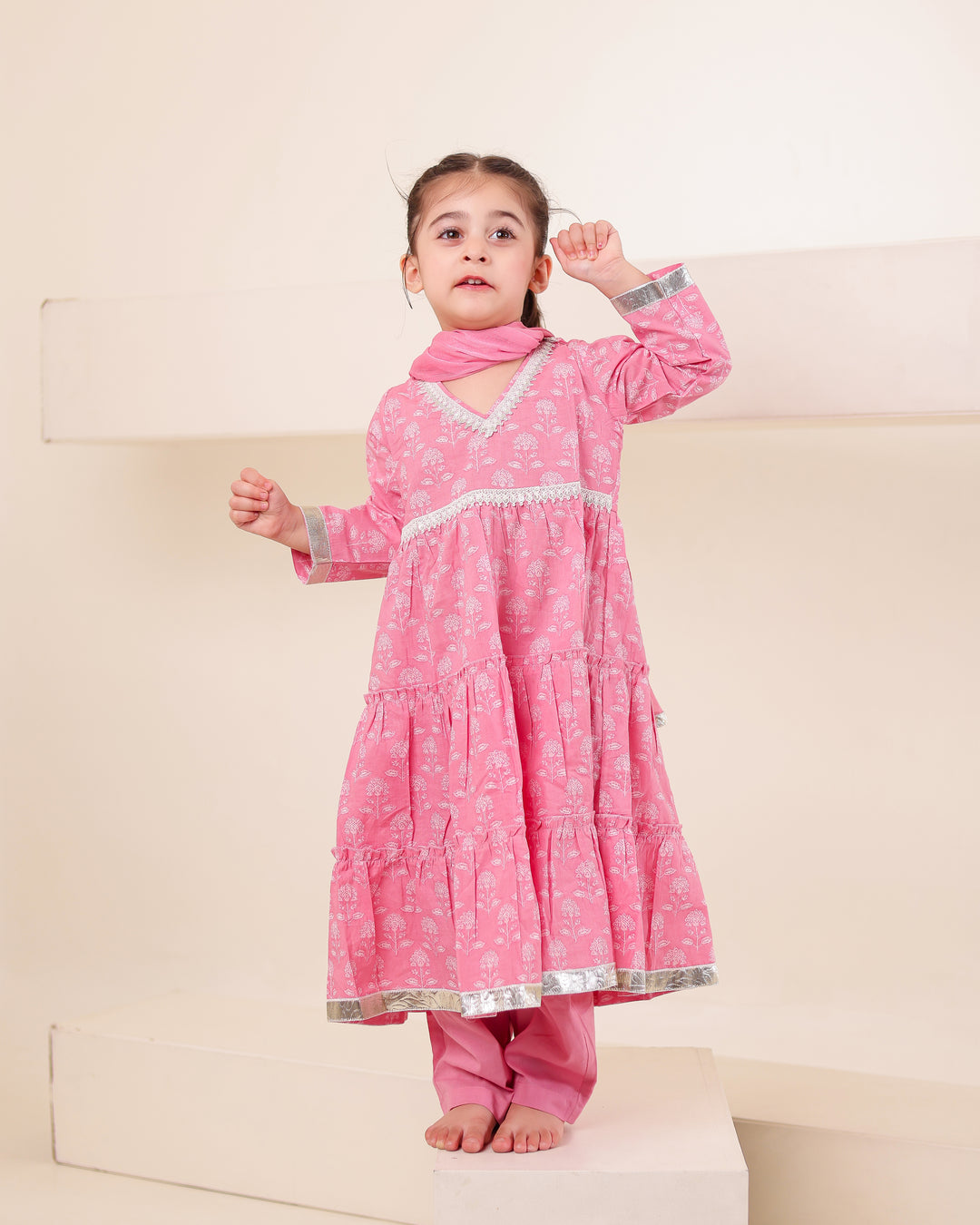Candy Pink Tiered Anarkali Set (Set of 3)