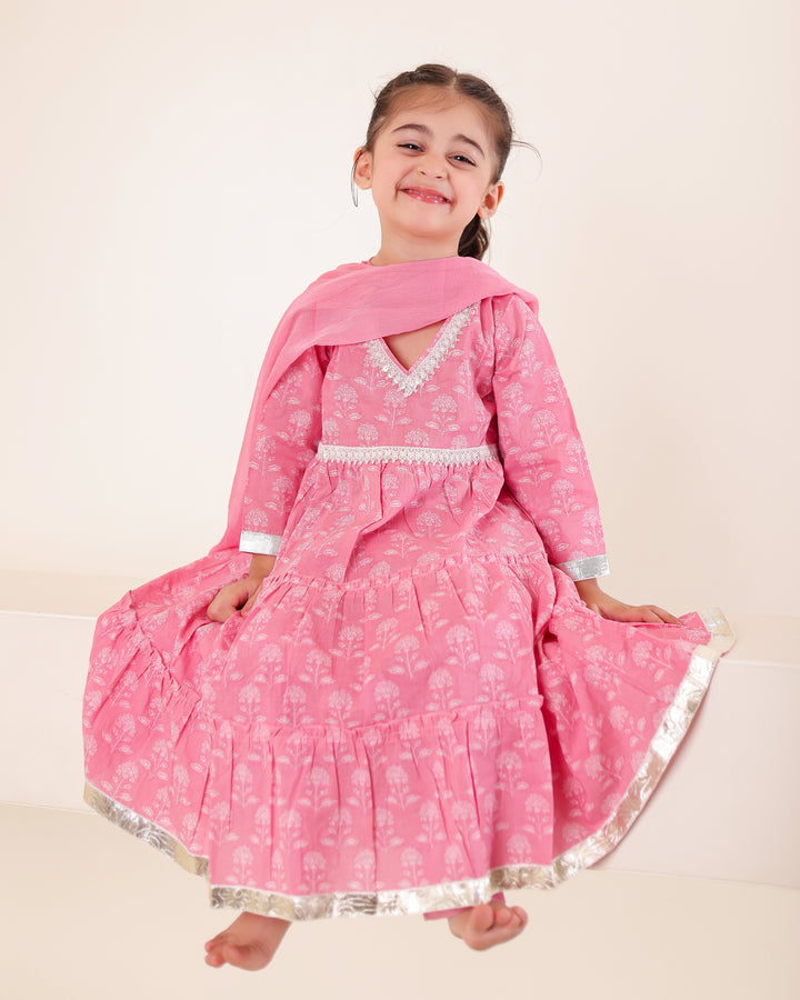 Candy Pink Tiered Anarkali Set (Set of 3)