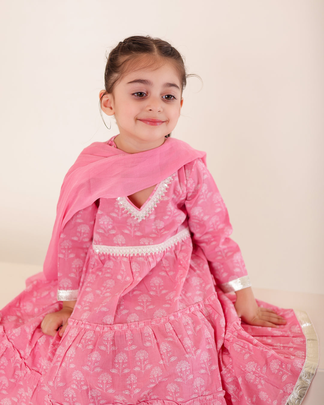 Candy Pink Tiered Anarkali Set (Set of 3)