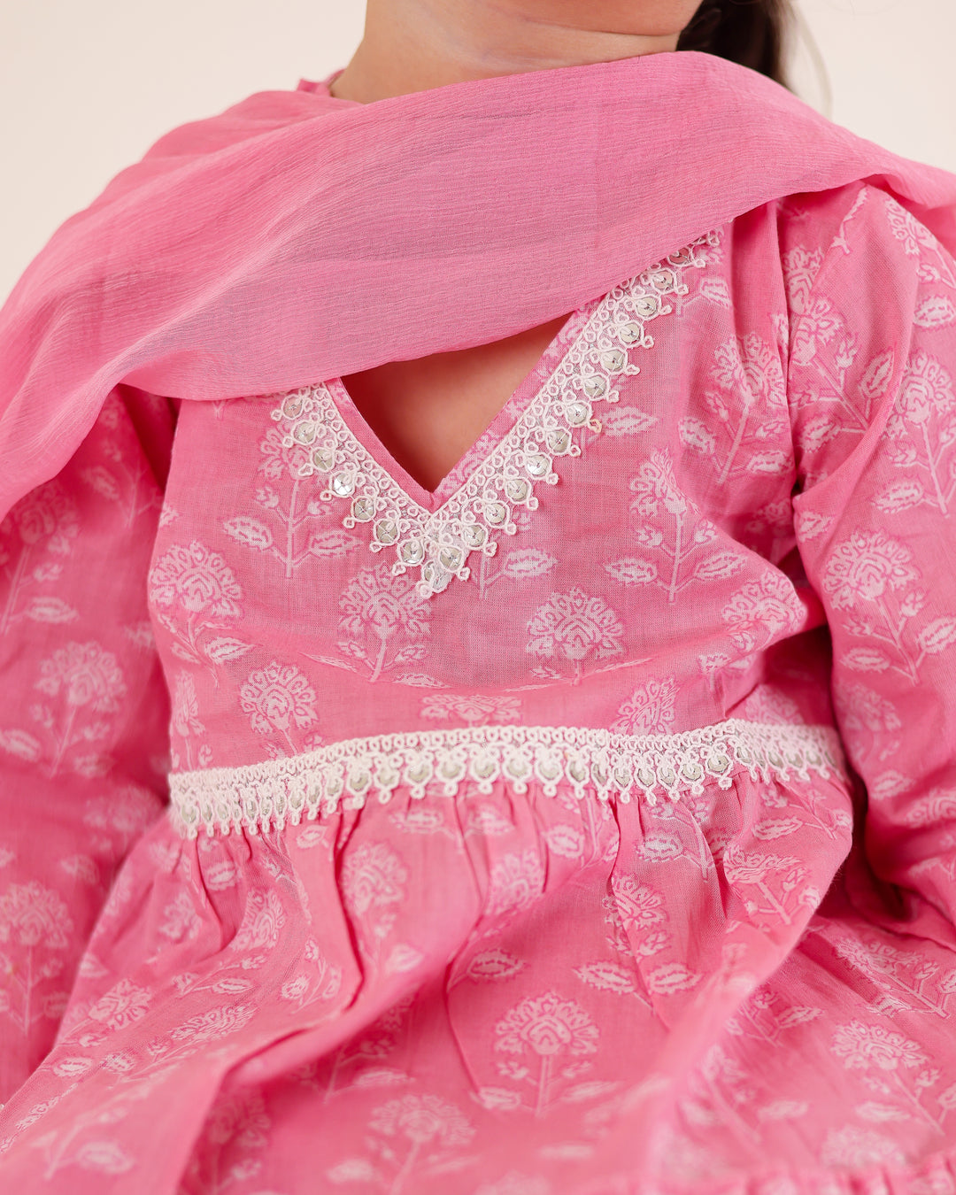 Candy Pink Tiered Anarkali Set (Set of 3)