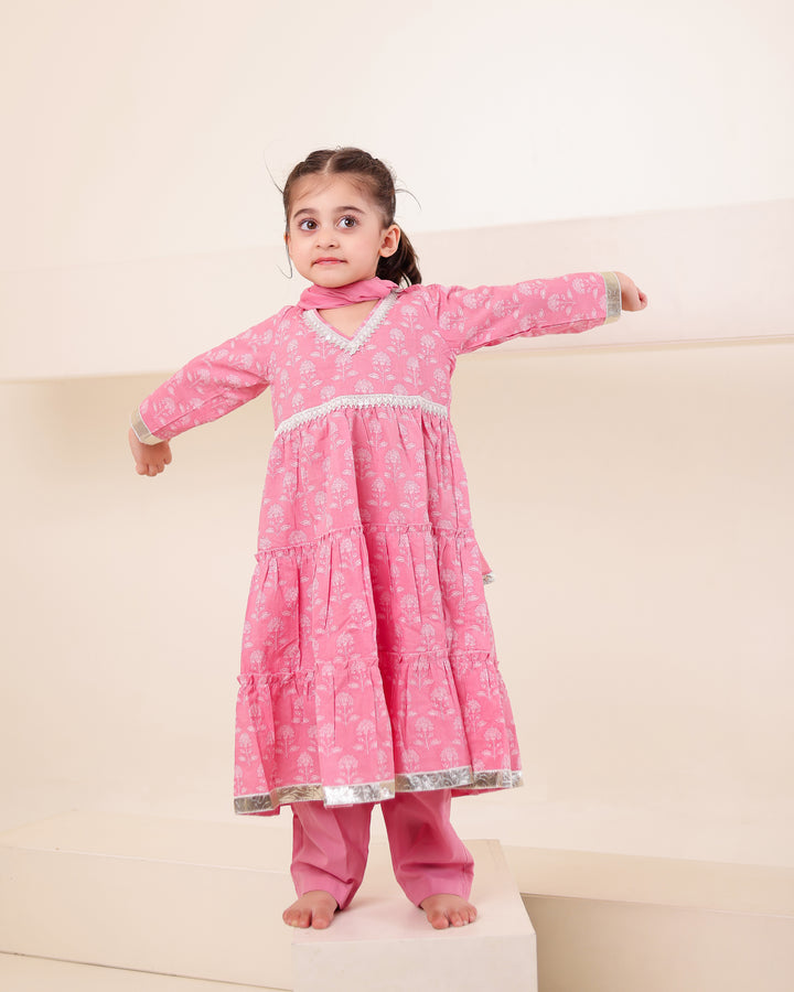 Candy Pink Tiered Anarkali Set (Set of 3)