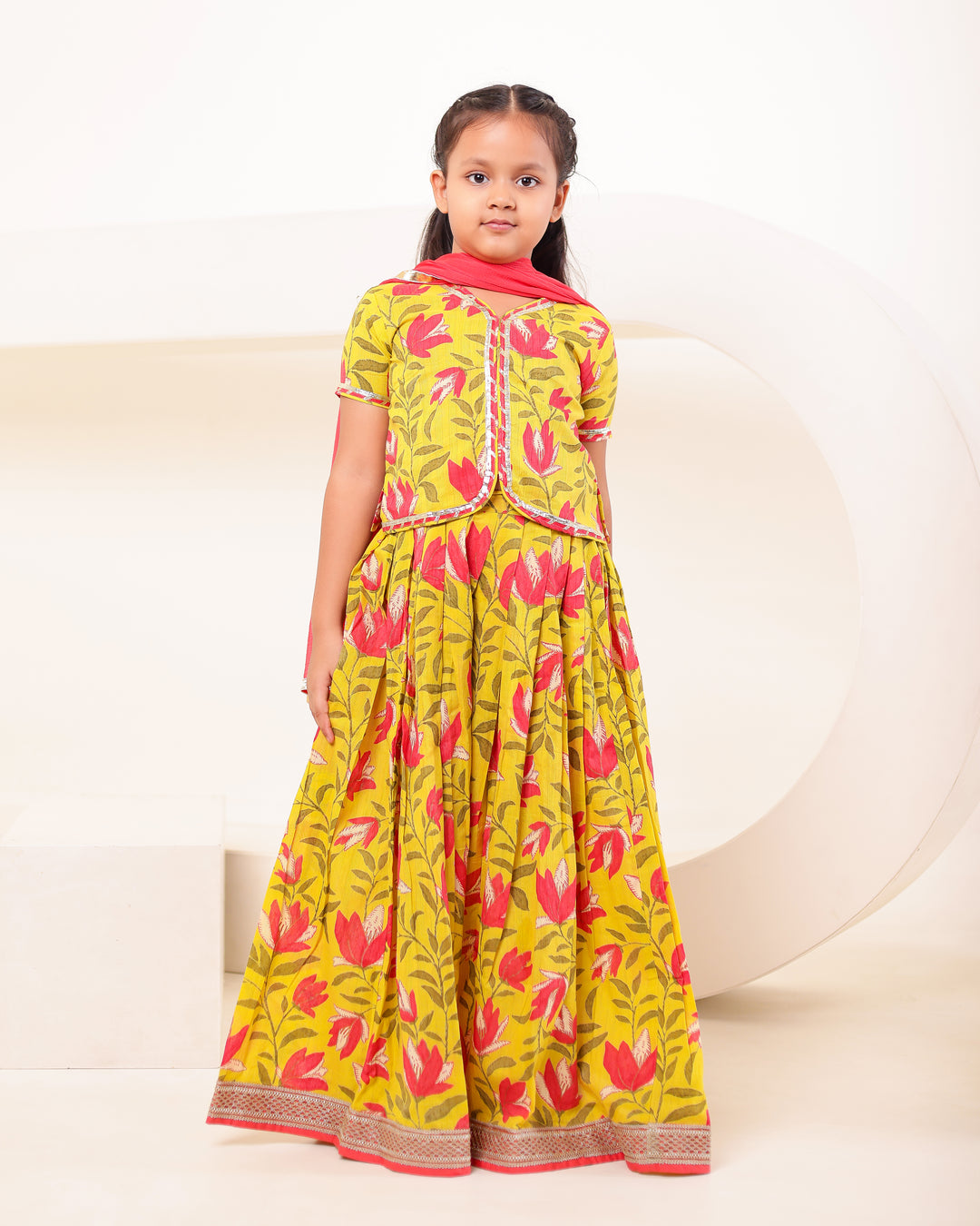 Vibrant Mustard & Pink Printed Lehenga Choli Set