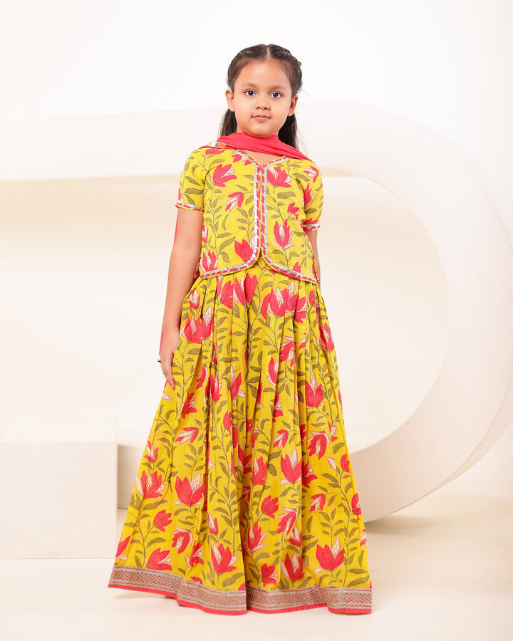 Vibrant Mustard & Pink Printed Lehenga Choli Set