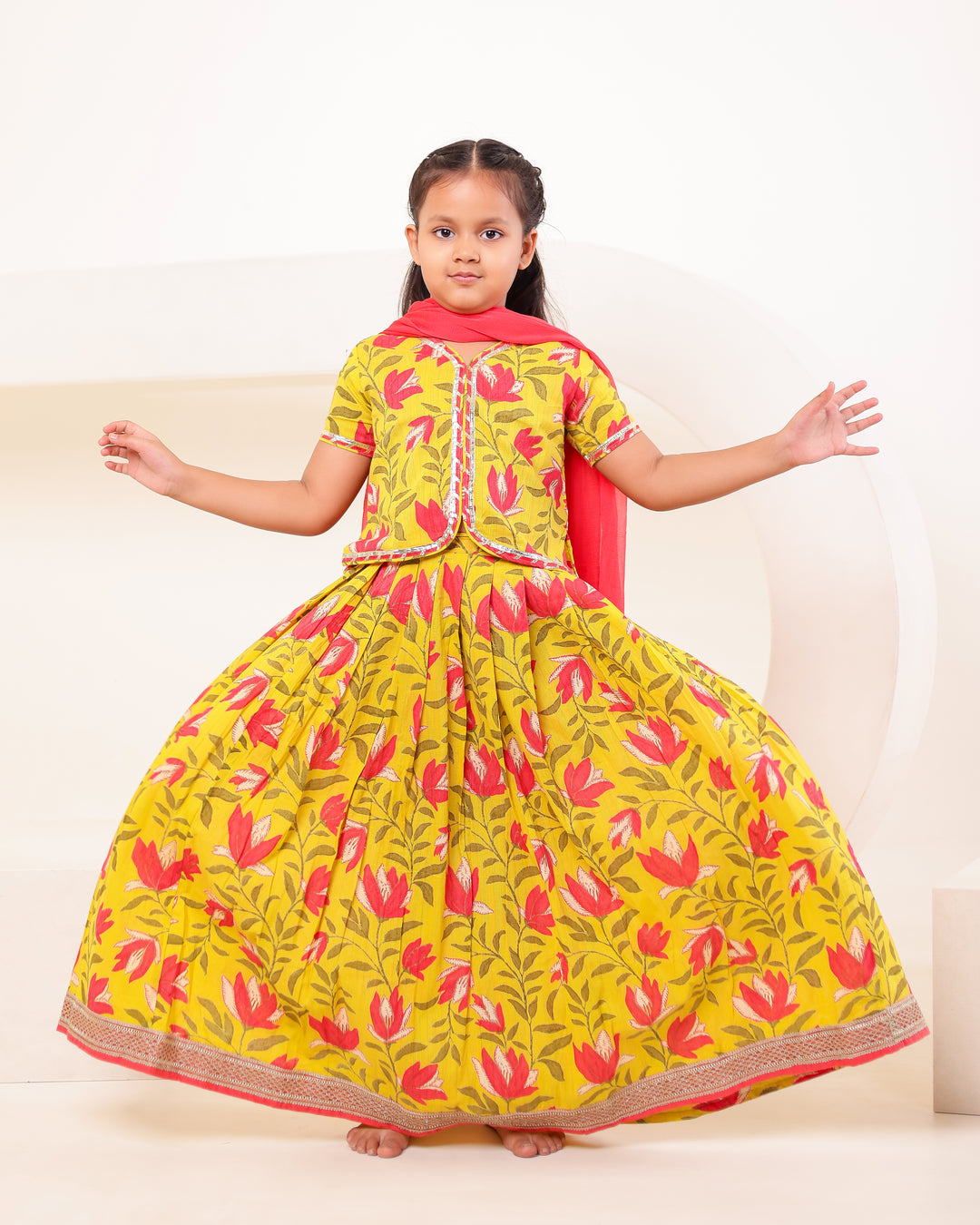 Vibrant Mustard & Pink Printed Lehenga Choli Set