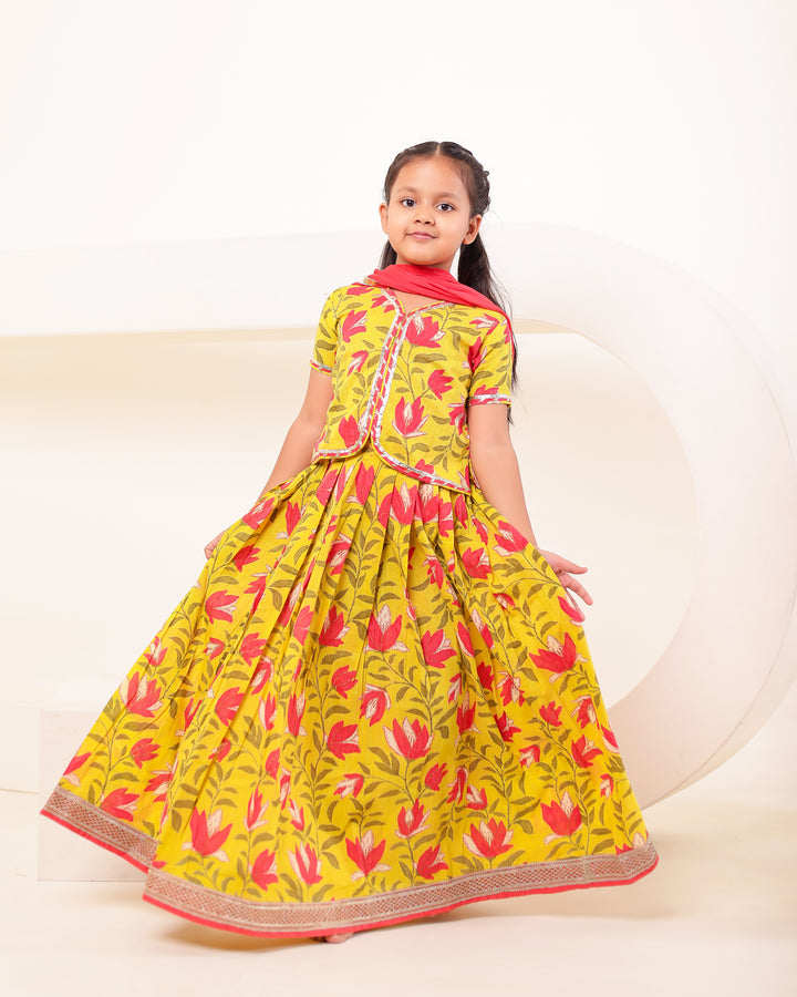 Vibrant Mustard & Pink Printed Lehenga Choli Set