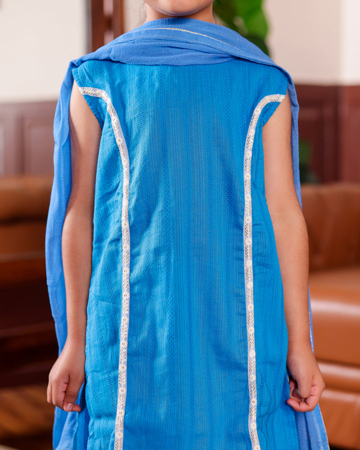 Girls Festive Electric Blue Set with Floral Farshi Salwar and Dupatta (Set of 3)