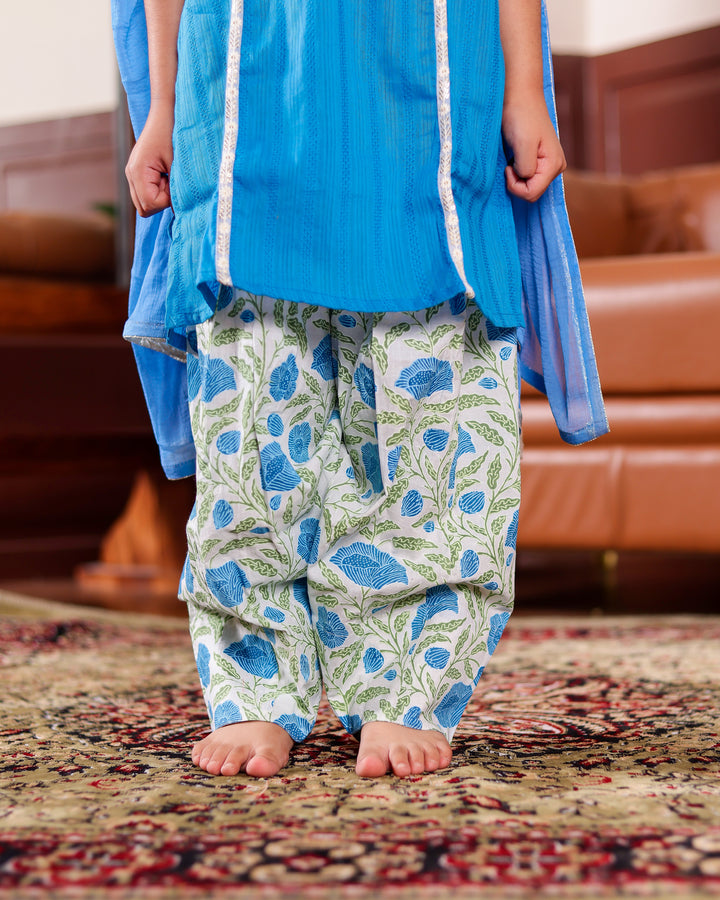 Girls Festive Electric Blue Set with Floral Farshi Salwar and Dupatta (Set of 3)