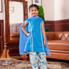 Girls Festive Electric Blue Set with Floral Farshi Salwar and Dupatta (Set of 3)
