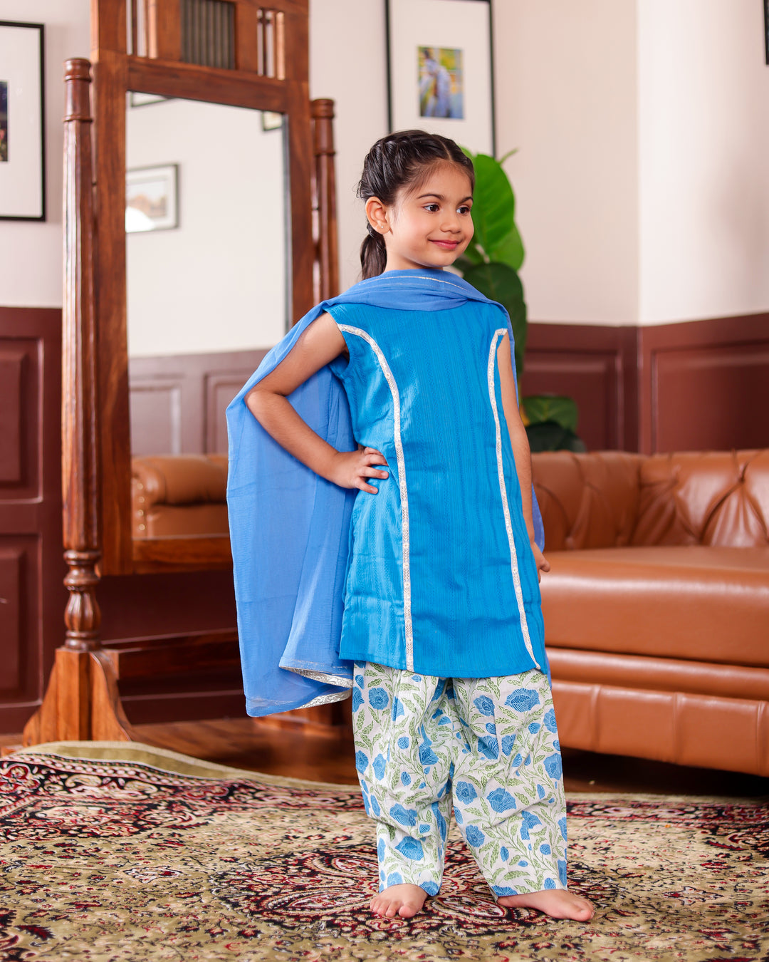 Girls Festive Electric Blue Set with Floral Farshi Salwar and Dupatta (Set of 3) + Boys Electric Blue Self Stripe Kurta with Classic White Pyjama (Set of 2)