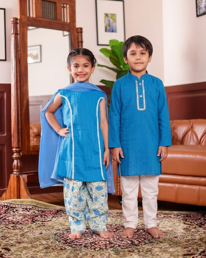 Girls Festive Electric Blue Set with Floral Farshi Salwar and Dupatta (Set of 3) + Boys Electric Blue Self Stripe Kurta with Classic White Pyjama (Set of 2)