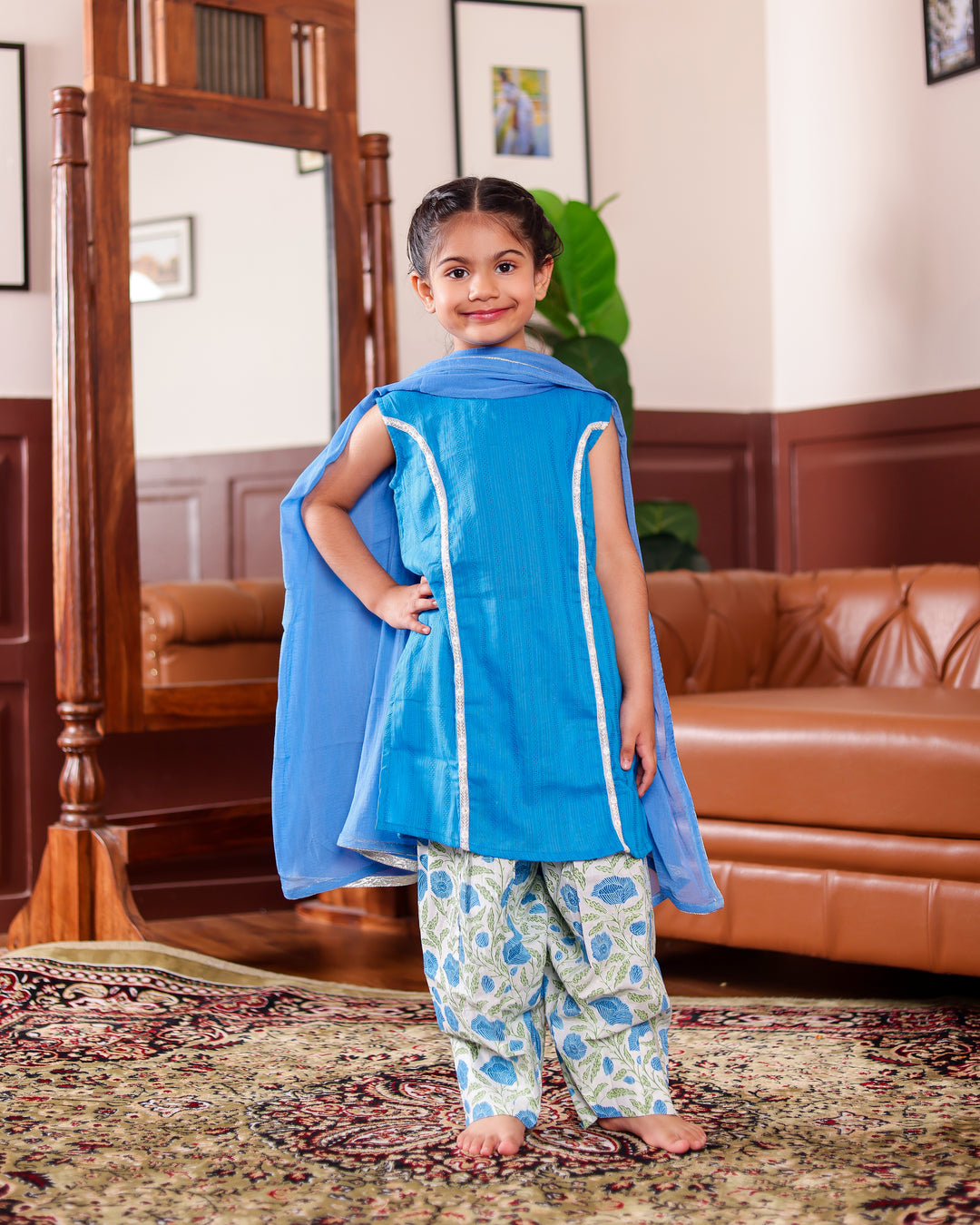 Girls Festive Electric Blue Set with Floral Farshi Salwar and Dupatta (Set of 3) + Boys Electric Blue Self Stripe Kurta with Classic White Pyjama (Set of 2)