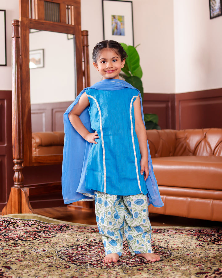 Girls Festive Electric Blue Set with Floral Farshi Salwar and Dupatta (Set of 3) + Boys Electric Blue Self Stripe Kurta with Classic White Pyjama (Set of 2)
